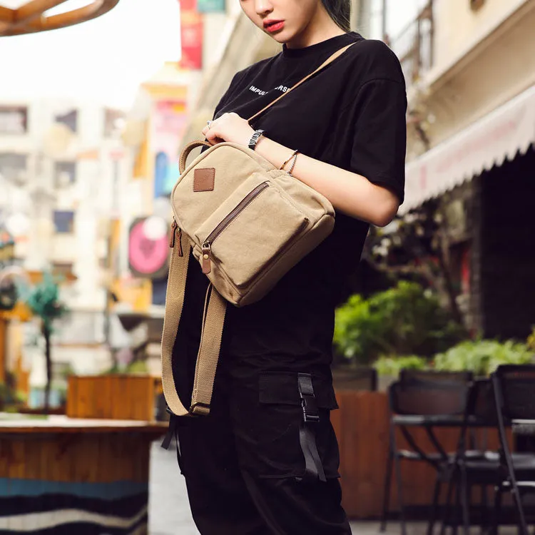 Stylish Women's Brown Canvas And Leather Backpack Purse Small Rucksack Bag With Zipper