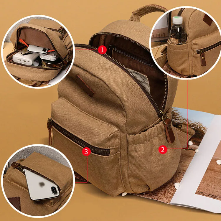 Stylish Women's Brown Canvas And Leather Backpack Purse Small Rucksack Bag With Zipper