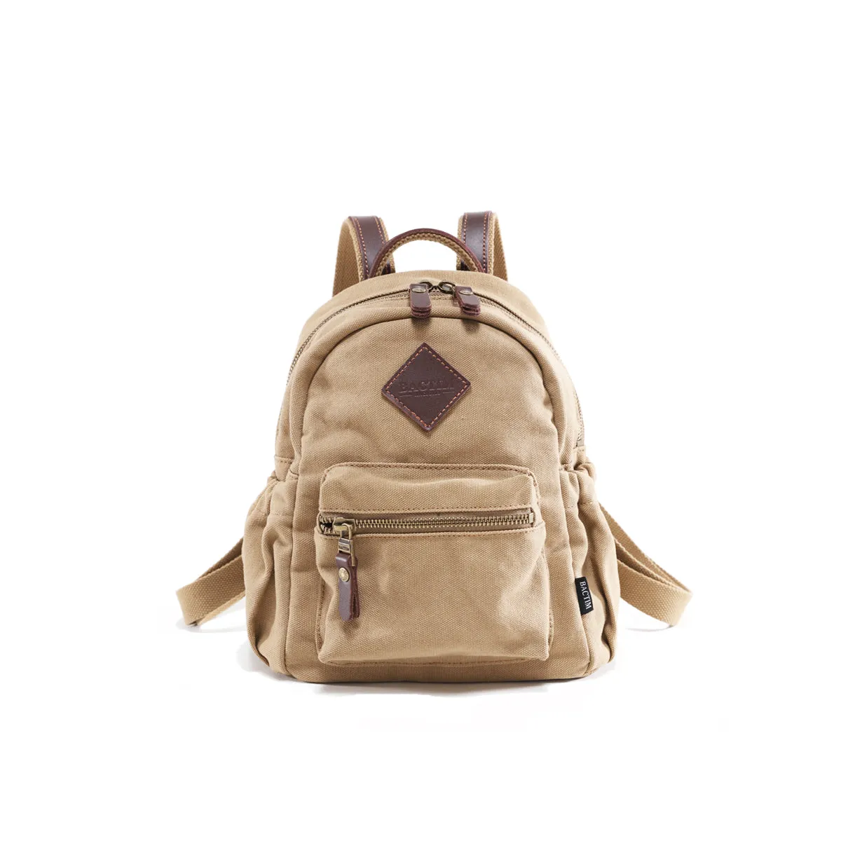 Stylish Women's Brown Canvas And Leather Backpack Purse Small Rucksack Bag With Zipper