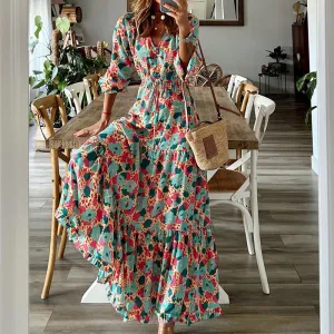 V-neck Long-sleeves Printed Loose Mid-length Dress