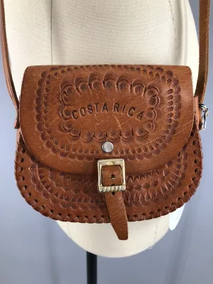 Vintage 1970s Tooled Leather Mini Cross Body Messenger Bag / Costa Rica