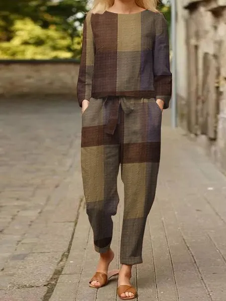 Vintage Plaid Printed 2-pieces Suit