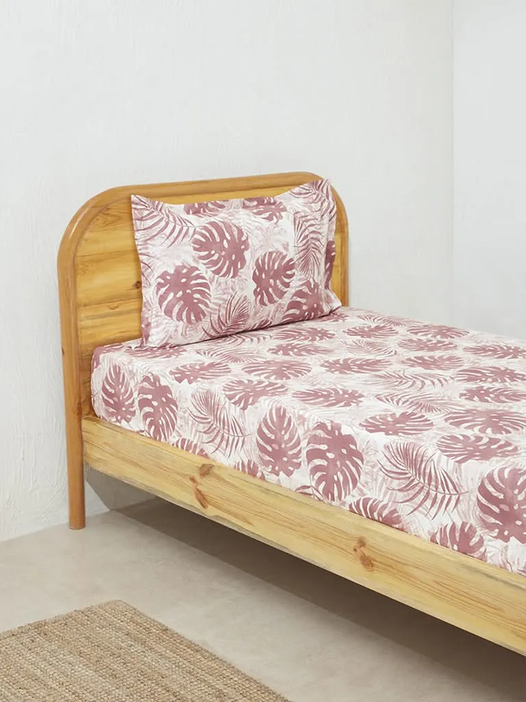 Westside Home Burgundy Leaf Design Single Bed Fitted Sheet and Pillowcase Set